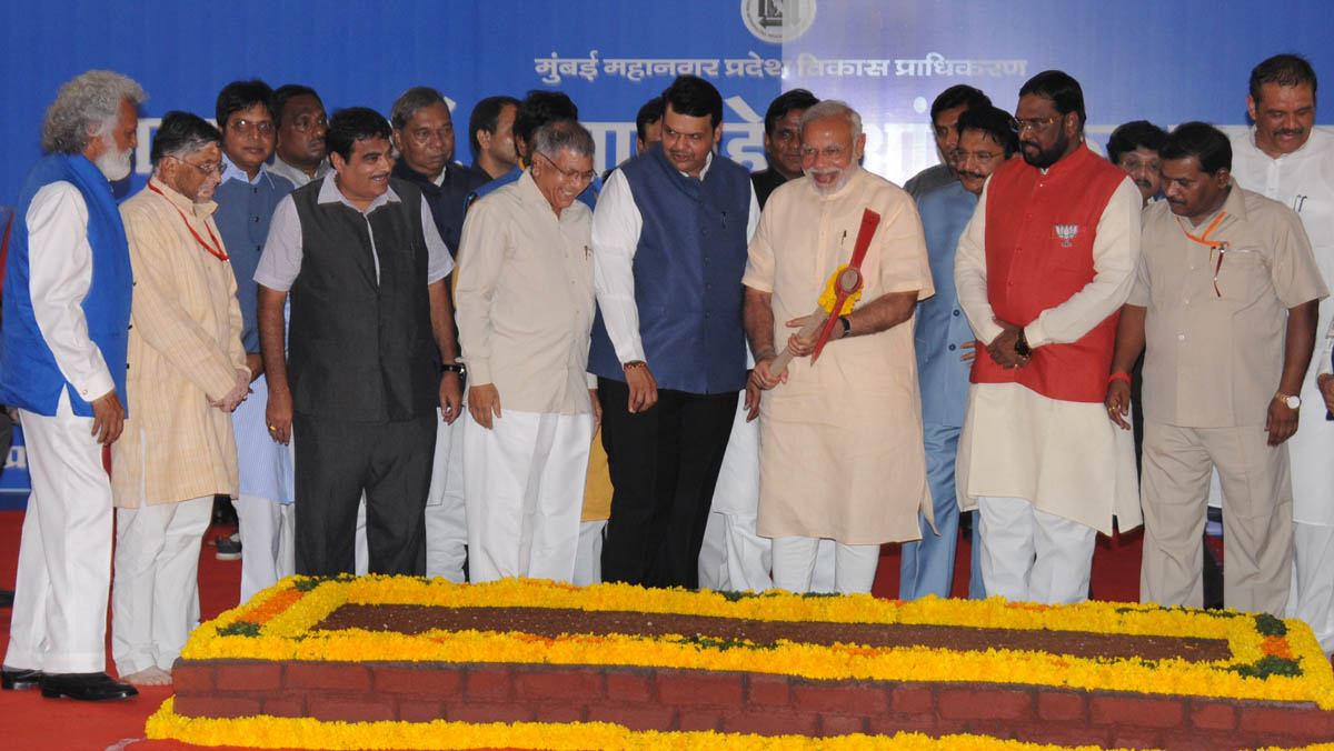 The Prime Minister Narendra Modi during Bhoomi Pujan of  proposed Memorial of Dr.Babasaheb Ambedkar Smarak at Indu Mill Dadar.