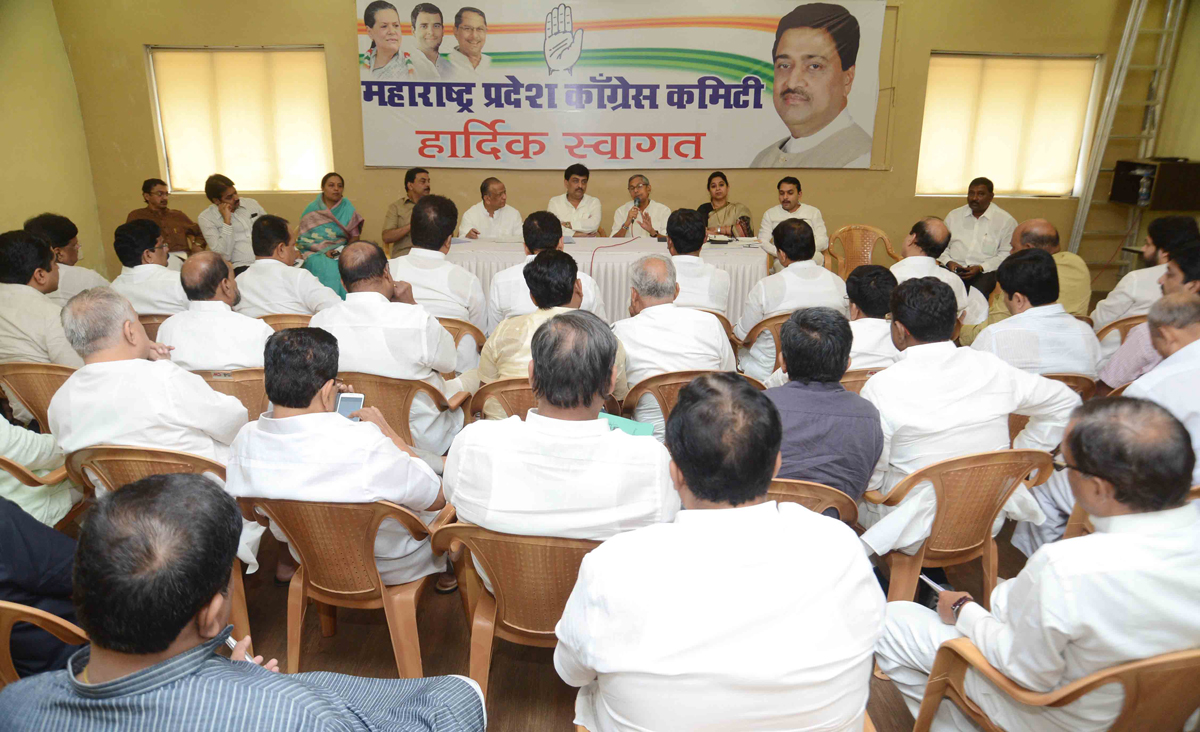 MPCC State President Ashokrao Chavan & MPCC observer Mohan Prakash during Meeting at Tilak Bhavan.