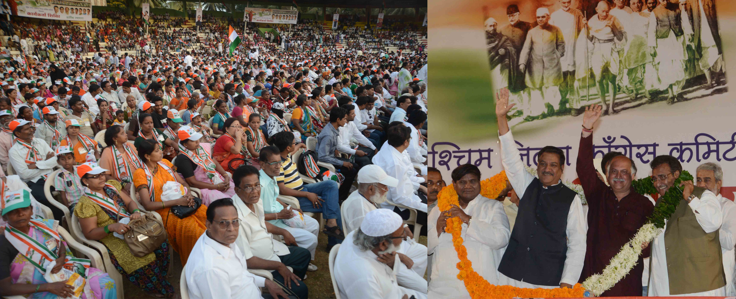 CHIEF MINISTER PRITHVIRAJ CHAVAN,MUMBAI CONGRESS PRESIDENT JANARDHAN CHANDURKAR ,MP & EX. UNION MINISTER GURUDAS KAMAT DURING MUMBAI NORTH WEST DISTRICT CONGRESS COMMITTEE CONGRESS WORKERS SAMMELAN AT ANDHERI SPORTS COMPLEX.