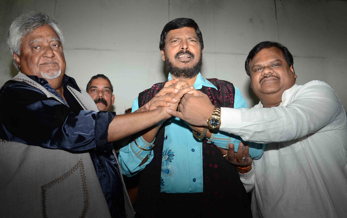 DALIT PANTHER LEADER NAMDEO DHASAL MEETS RPI PRESIDENT RAMDAS ATHAWALE AT AZAD MAIDAN RPI PARTY OFFICE.