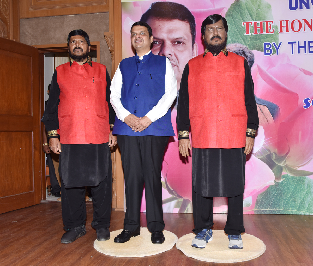 RPI Leader Ramdas Athawale Wax Statue unveiled by Chief Minister Devendra Fadnavis at Sahyadri Guest House
