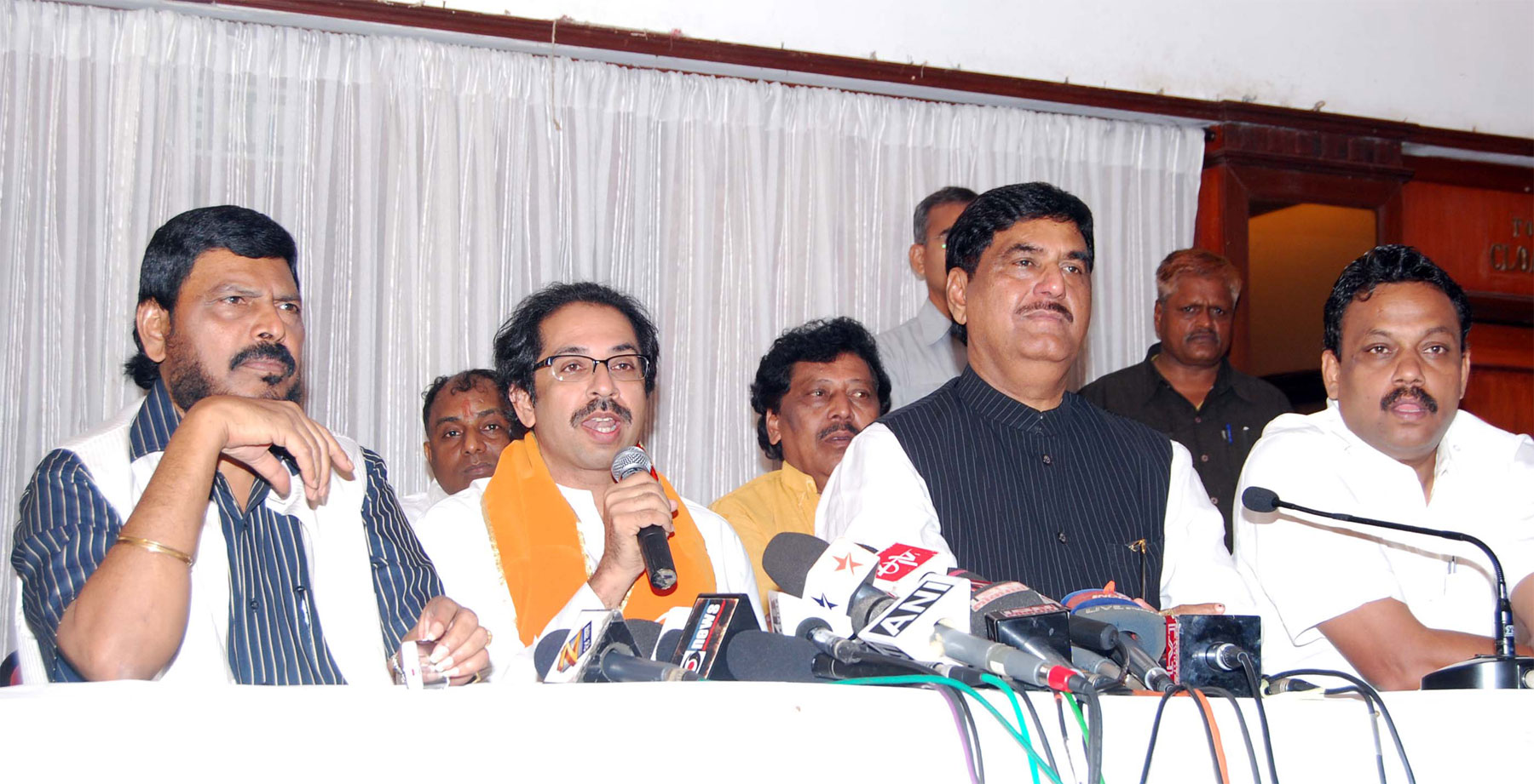 RAMDAS ATHAVLE, UDHAV THAKRE AND GOPINATH MUNDE IN PRESS CONFERENCE AT RANG SHARDA HALL AT BANDRA.