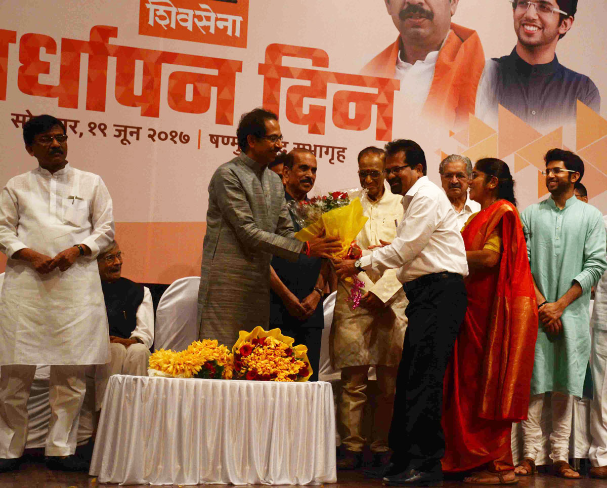 Shivsena Chief Uddhav Thackarey & Yuva Sena Chief Aditya Thackarey with Sena Team during Shivsena Foundation Anniversary Day Celebration at Shanmukhanand Hall.