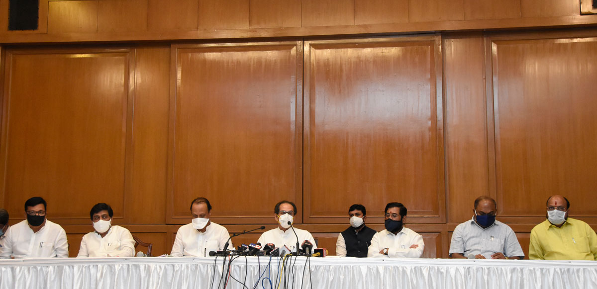 Chief Minister Uddhav Thackatrey with MVA Team Leaders Press Conference Day Before Budget Session 2021 in Mumbai.