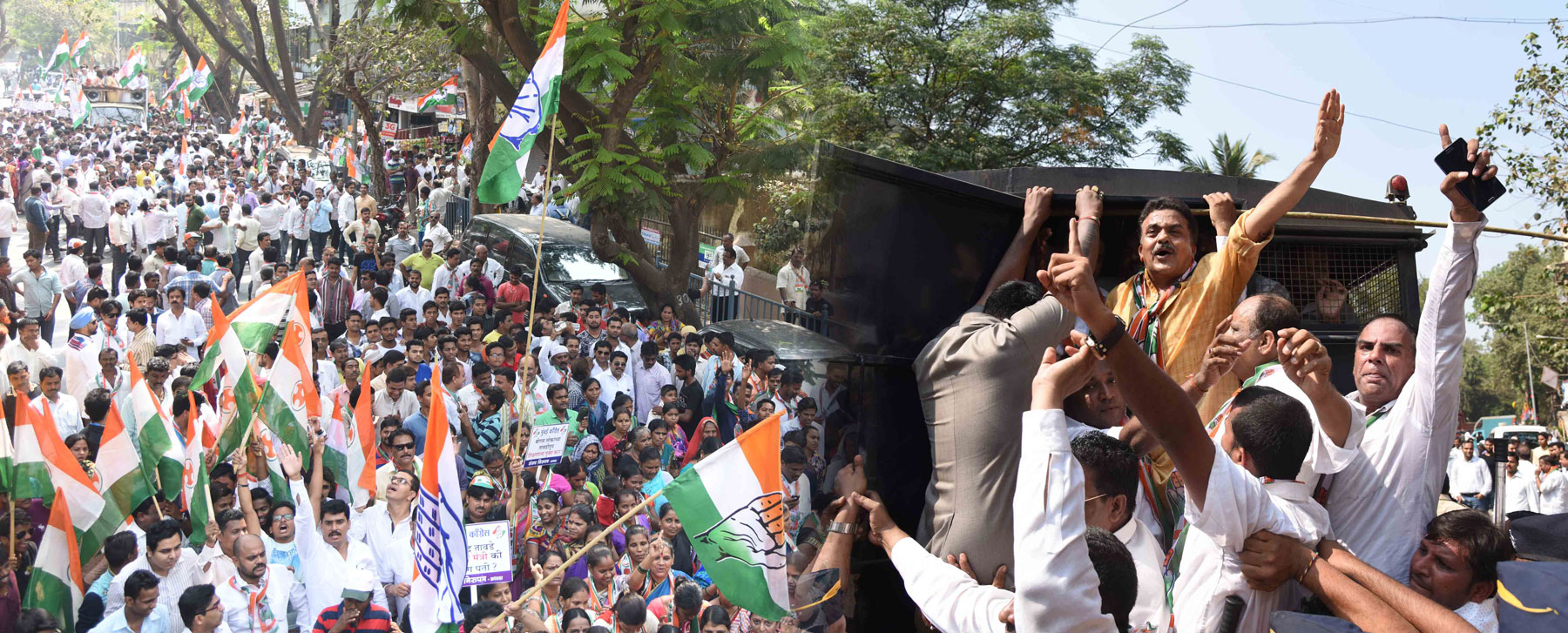 Mumbai Congress President Sanjay Nirupam with Party Workers Protest against BJP Minister Vinod Tawade at his Vile Parle Residence.