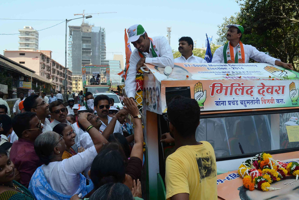 South Mumbai Congress/NCP/PRP (Kawade) Republican Party of India(Democratic)Alliance MP.Candidate Milind Deora Election Campaign Rally in South Mumbai Parliamentary Constituency at Nagpada Assembly.