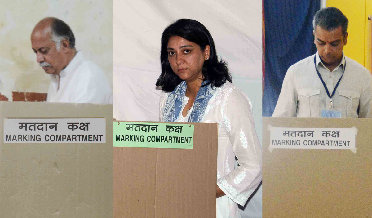 MP.Candidates Gurudas Kamat,Priya Dutt & Milind Deora at Voting Centre.