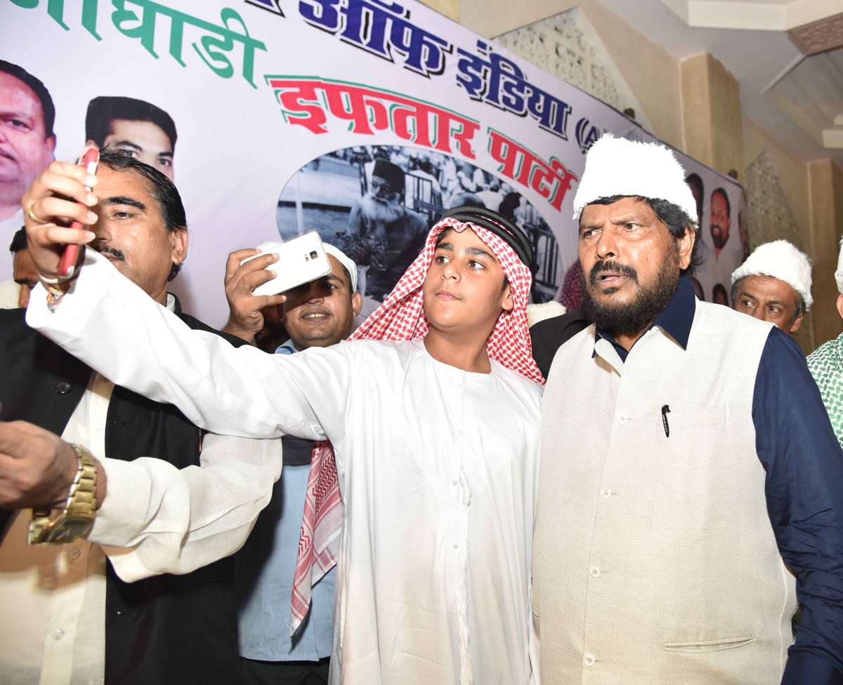 RPI Leader Social Justice & Empowerment MOS Ramdas Athawale with Son Jeet Athawale during Ramzan Roza Iftaar Party at Haj House organised by RPI Minority Dept.