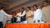 CHIEF MINISTER PRITHVIRAJ CHAVAN,MUMBAI CONGRESS PRESIDENT JANARDHAN CHANDURKAR ,MP & UNION MINISTER MILIND DEORA DURING SOUTH MUMBAI DISTRICT CONGRESS COMMITTEE CONGRESS WORKERS SAMMELAN AT TEJPAL HALL NEAR AUGUST KRANTI MAIDAN. CHIEF MINISTER PRITHVIRAJ CHAVAN,MUMBAI CONGRESS PRESIDENT JANARDHAN CHANDURKAR ,MP & UNION MINISTER MILIND DEORA DURING SOUTH MUMBAI DISTRICT CONGRESS COMMITTEE CONGRESS WORKERS SAMMELAN AT TEJPAL HALL NEAR AUGUST KRANTI MAIDAN.