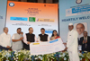 Union Minister for Finance,Corporate Affairs and Information & Broadcasting Arun Jaitley with CM of Maharashtra Devendra Fadnavis at launching of the Pradhan Mantri Suraksha Bima Yojana, Atal Pension Yojana and Pradhan Mantri Jeevan Jyoti Bima Yojana.