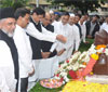 C M PRITHVIRAJ CHAVAN,MPCC PRESIDENT MANIKRAO THAKRE & MLA-MRCC PRESIDENT KRIPASHANKAR SINGH TRIBUTE TO LATE LOKMANYA BAL GANGADHAR TILAK ON HIS DEATH ANNIVERSARY AT GIRGAON CHOWPATI.