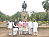 Samajwadi Party Leaders MLA Abu Hasim Azmi & MLA Rais Shaikh Paying Ttribute to Father of Nation Mahatma Gandhi on his Birth Anniversary at Gandhi Statue near Mantralaya in Mumbai.